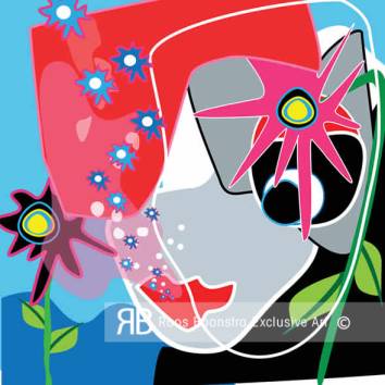 Thumbnail Kleurrijk schilderij met abstract portret, dynamische bloemen en grafische vormen, eigentijdse kunst.