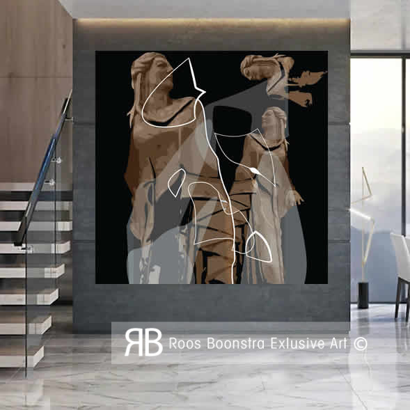 Oud en modern contrast in dit schilderij op glas