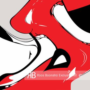 Modern kunstwerk in fine-art, met gestileerde vrouwelijke vormen, briljant rood en grafische lijnen, thema: energie en elegantie.