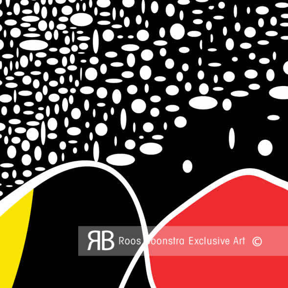 Detail uit abstract schilderij, sterrenhemel in zwart, wit, rood en geel