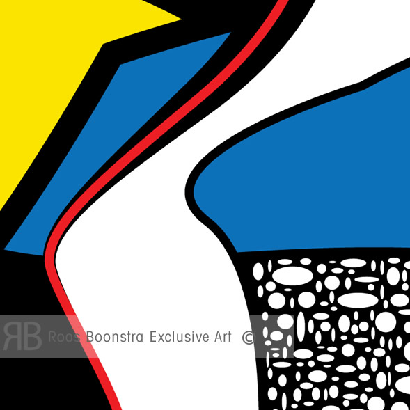 Detail uit kunstwerk met abstracte vormen, blauw, geel, rood en zwart, sterrenhemel uit Fins Lapland als inspiratiebron.
