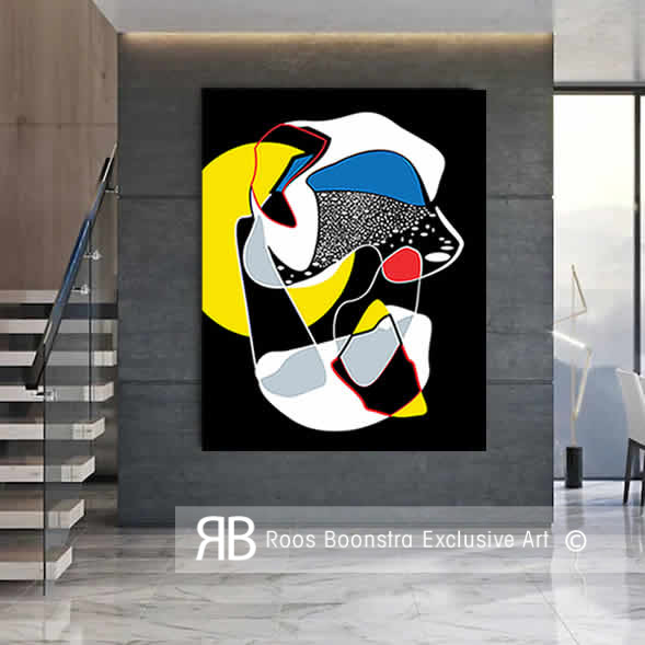 Modern schilderij met sterrenachtige patronen, dynamische lijnen en felle kleuren, perfecte wanddecoratie voor kunstliefhebbers.