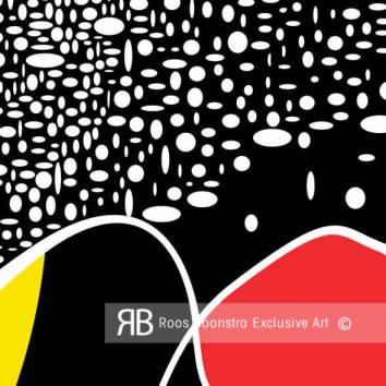 Thumbnail Detail uit abstract schilderij, sterrenhemel in zwart, wit, rood en geel