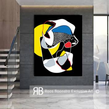 Thumbnail Modern schilderij met sterrenachtige patronen, dynamische lijnen en felle kleuren, perfecte wanddecoratie voor kunstliefhebbers.