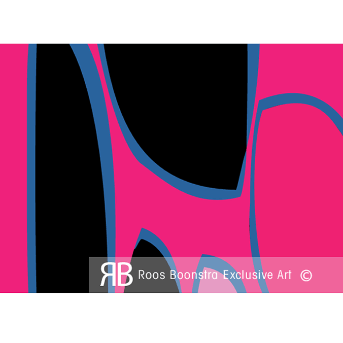 Hedendaags kunstwerk van gestileerde bloemen in felle tinten roze, blauw en zwart, dynamische compositie