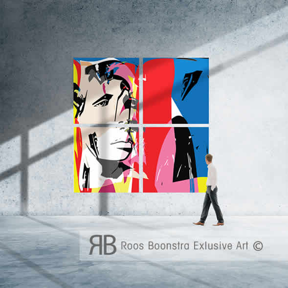 Zeer groot popart schilderij bestaand uit vier delen, genaamd quatro.
Kunstwerk met briljante kleuren en sterke abstracte vormen, expressief portret met diepgang en spanning.