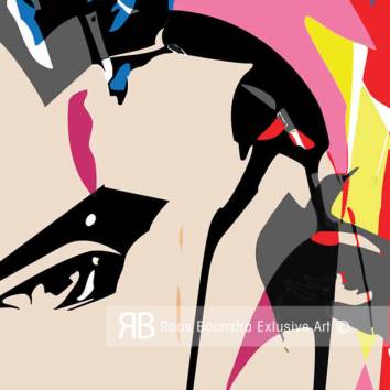 Thumbnail Detail uit kleurrijk popart schilderij. Beeld op acrylaat, monumentaal. Thema is liefdesverdriet, heartbreak.