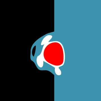 Het paneel toont een sterk grafische compositie waarin een organisch ogende vorm de grens tussen twee kleurvlakken doorbreekt. De linkerhelft is diepzwart, de rechterhelft gevuld met een koel turqoise. In het midden bevindt zich een vorm die doet denken aan een open mond of een abstract organisme, uitgevoerd in fel rood, omgeven door witte en blauwe accenten.