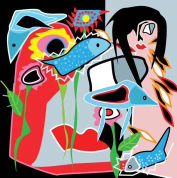 Kleurrijk popart schilderij met abstracte vrouw, blauwe vissen, bloemen en grafische vormen op felgekleurde achtergrond.