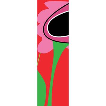 Abstract rechthoekig popart kunstwerk met een roze bloem en groene stengel op een felrode achtergrond, grafische moderne stijl.
