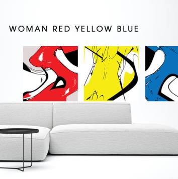 Kleurrijk abstract schilderij van vrouw, bestaande uit drie panelen in rood, geel en blauw, perfect voor een stijlvol interieur.