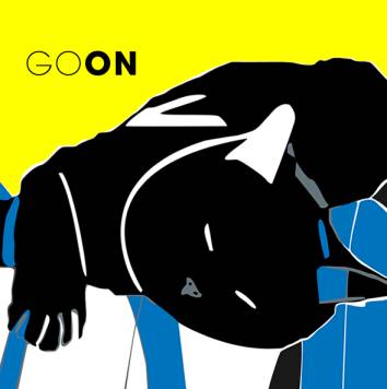 Zwarte kat in minimalistische popart compositie met geel, blauw en wit, kunstwerk getiteld GO ON.