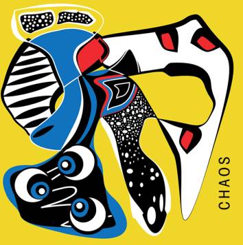 Abstract fine-art kunstwerk getiteld ‘Chaos’ met dynamische zwarte, witte, blauwe en rode vormen op een gele achtergrond, non-figuratief en energiek.