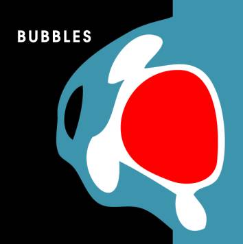 Abstract fine-art kunstwerk ‘BUBBLES’ met blauwe organische vorm, wit omlijnd en felrood vlak, op zwarte achtergrond; speels en modern non-figuratief ontwerp.
