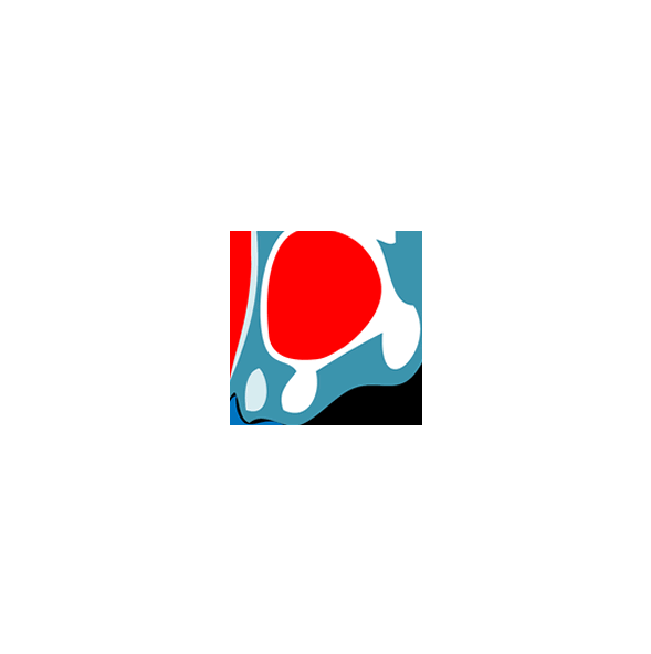 Abstract kunstpaneel op plexiglas in de kleuren rood, wit, turqoise en zwart.