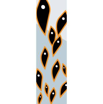 Dit abstracte popart kunstwerk uit de Art Elements-serie verbeeldt een dynamische school zwarte visjes, die als gestileerde schaduwen sierlijk omhoog zwemmen tegen een ijzige blauwgrijze achtergrond. De krachtige oranje contouren benadrukken hun beweging en geven het geheel een expressieve, grafische uitstraling.