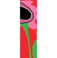 Gespiegeld abstract popart kunstwerk met een schuin staande roze bloem, een groene stengel en een rode achtergrond. De bloem heeft een zwart hart.