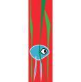 Dit kunstwerk toont een speelse, abstracte blauwe vis met een groot zwart oog, omgeven door verticale groene waterplanten op een krachtige, felrode achtergrond. 
Door de eenvoud van vormen en kleuren straalt deze compositie dynamiek en optimisme uit.