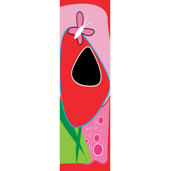 Op het schilderij staat een felrode bloem centraal, omlijnd met een vloeiende blauwe lijn en geaccentueerd door roze en groene vlakken op de achtergrond. Bovenop de bloem rust een speelse witte vlinder, die voor een gevoel van lichtheid zorgt. De vormen en kleuren stralen kracht, positiviteit en vitaliteit uit.