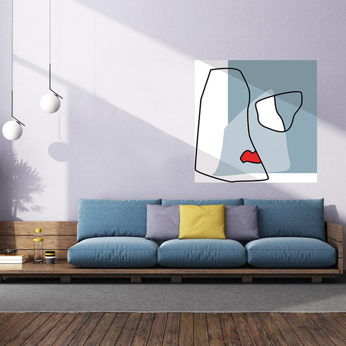 Minimalistisch kunstwerk op diamantglas, opgebouwd uit strakke zwarte lijnen en geometrische vlakken, in stijlvol interieur.