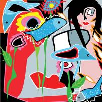 fine-art kunstwerken met volle, briljante kleuren en abstracte vormen, moderne expressieve composities,  hedendaagse abstracte kunst