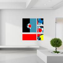 Modulaire abstracte kunstpanelen op plexiglas in heldere kleurencombinaties.