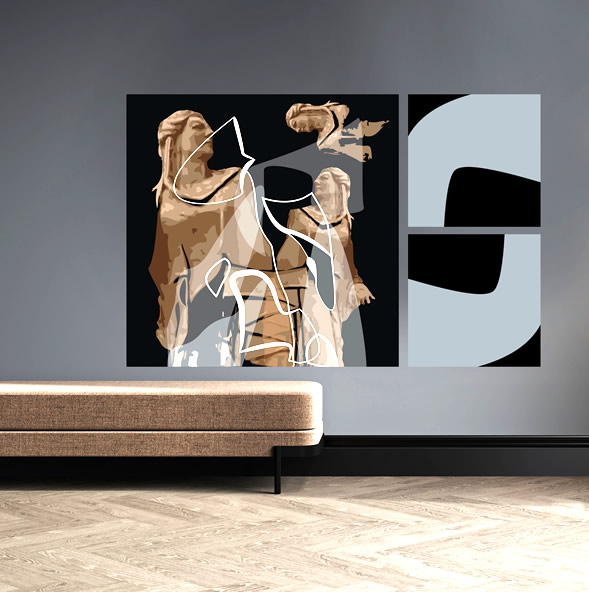 Dit kunstwerk toont 3 Griekse godinnen, gecombineerd met moderne abstracte vormen.